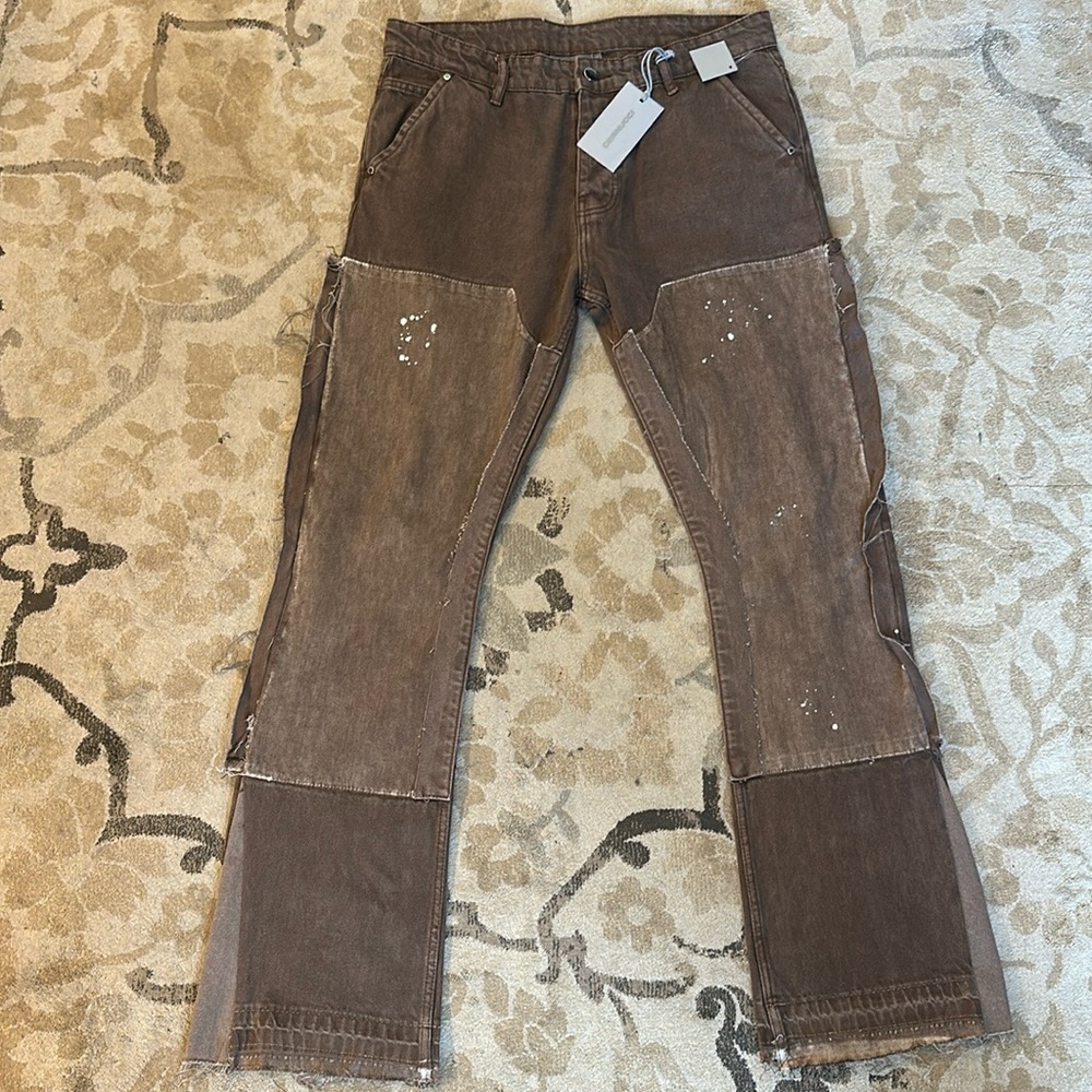 Cernucci jean distressed brown denim with a flare fit size 34